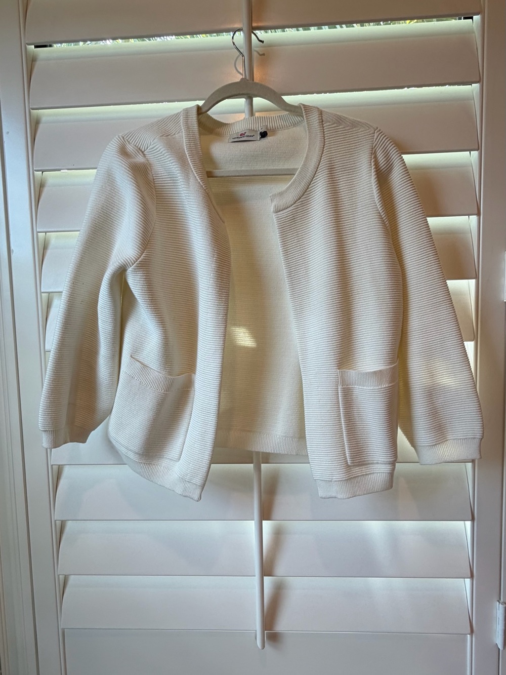 Vineyard Vines Cream Open Ribbed Cardigan with Pink Whale Logo